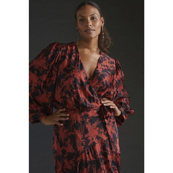 Anthropologie x Caballero Silky Abstract Wrap Midi Dress Red & Black Anthro XS - Picture 9 of 16